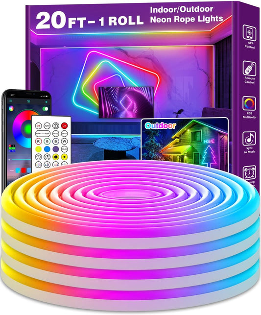20Ft Neon Rope Lights,Flexible Led Rope Lights Control with App/Remote,Multiple Modes Rope Lights,IP65 Outdoor RGB Led Neon Lights Waterproof,Music Sync Gaming Led Neon Light Strip for Bedroom Decor